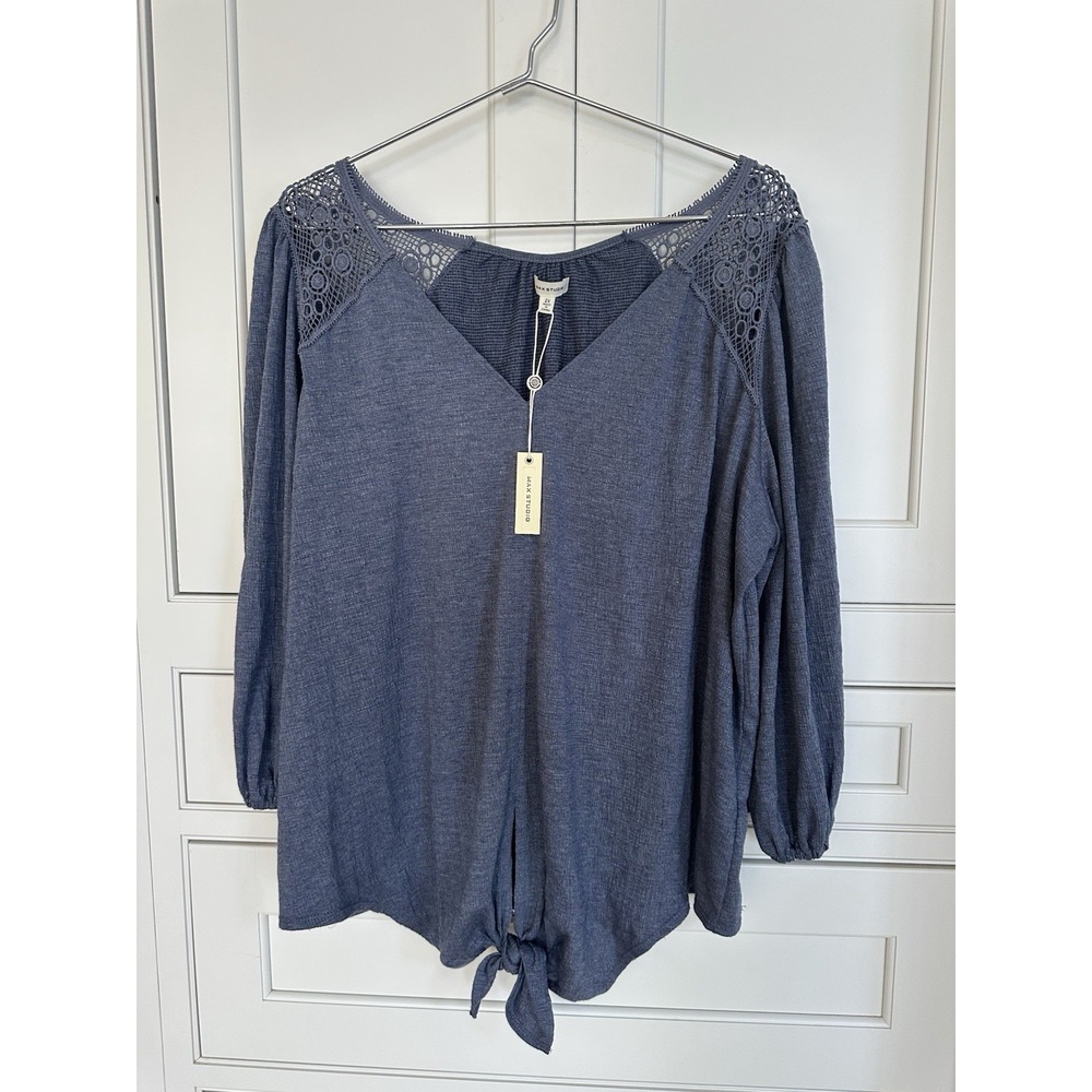 NWT Max Studio Plus Lace Trim V Neck Front Tie Blouse Top 2X